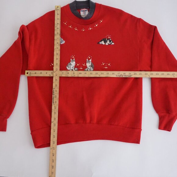 Vintage Jerzees Red Cat Kitten Embroidered Sweatshirt Grandma Chic Kitschcore M - Picture 3 of 11